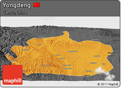 Political Panoramic Map of Yongdeng, darken, desaturated