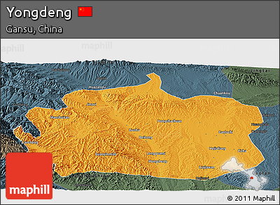 Political Panoramic Map of Yongdeng, darken, semi-desaturated