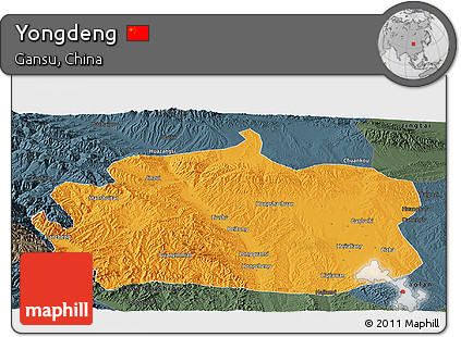 Political Panoramic Map of Yongdeng, darken, semi-desaturated