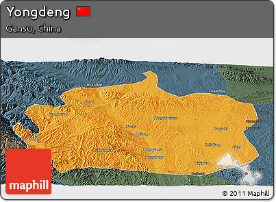 Political Panoramic Map of Yongdeng, darken, semi-desaturated