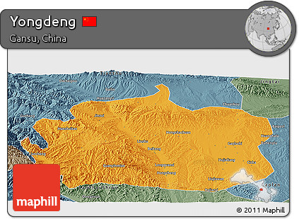 Political Panoramic Map of Yongdeng, semi-desaturated