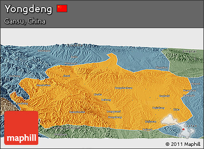 Political Panoramic Map of Yongdeng, semi-desaturated