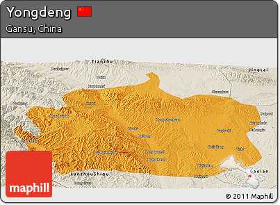 Political Panoramic Map of Yongdeng, shaded relief outside