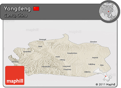 Shaded Relief Panoramic Map of Yongdeng, cropped outside