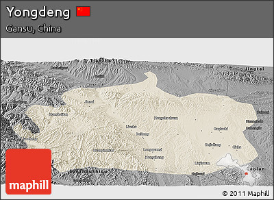 Shaded Relief Panoramic Map of Yongdeng, darken, desaturated