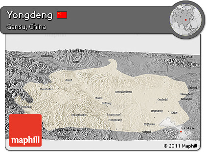 Shaded Relief Panoramic Map of Yongdeng, darken, desaturated