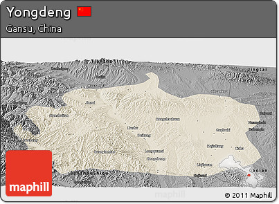 Shaded Relief Panoramic Map of Yongdeng, darken, desaturated