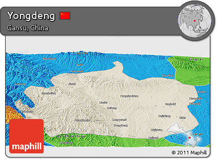 Shaded Relief Panoramic Map of Yongdeng, political outside