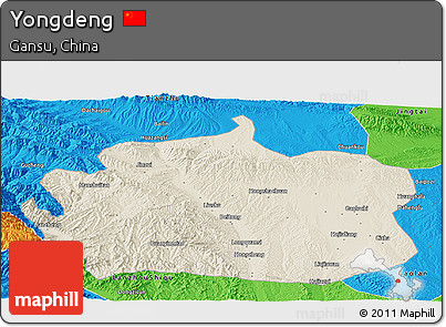 Shaded Relief Panoramic Map of Yongdeng, political outside