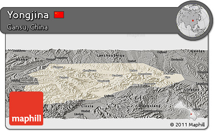 Shaded Relief Panoramic Map of Yongjina, darken, semi-desaturated