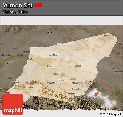 Satellite 3D Map of Yumen Shi, darken