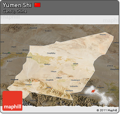 Satellite 3D Map of Yumen Shi, darken