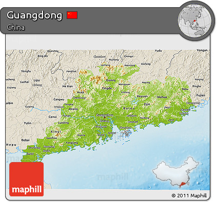 Physical 3D Map of Guangdong, shaded relief outside