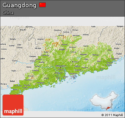 Physical 3D Map of Guangdong, shaded relief outside