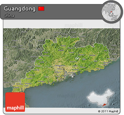 Satellite 3D Map of Guangdong, semi-desaturated
