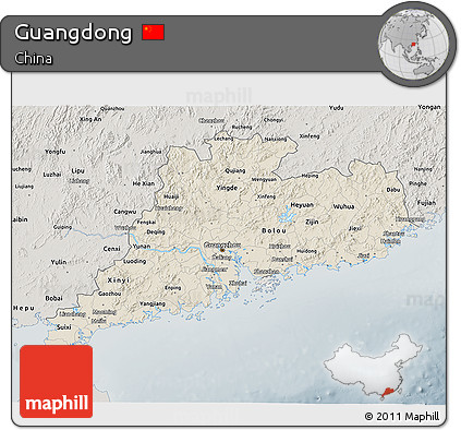Shaded Relief 3D Map of Guangdong, semi-desaturated