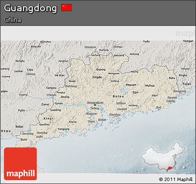 Shaded Relief 3D Map of Guangdong, semi-desaturated