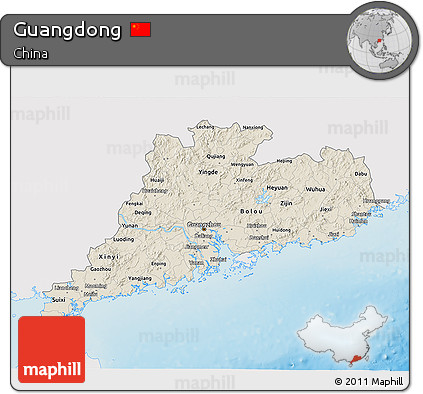 Shaded Relief 3D Map of Guangdong, single color outside