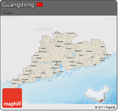 Shaded Relief 3D Map of Guangdong, single color outside