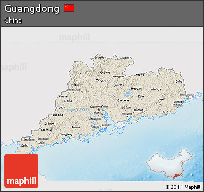 Shaded Relief 3D Map of Guangdong, single color outside