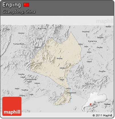 Shaded Relief 3D Map of Enping, desaturated