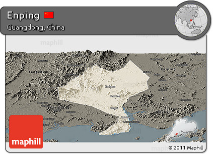 Shaded Relief Panoramic Map of Enping, darken