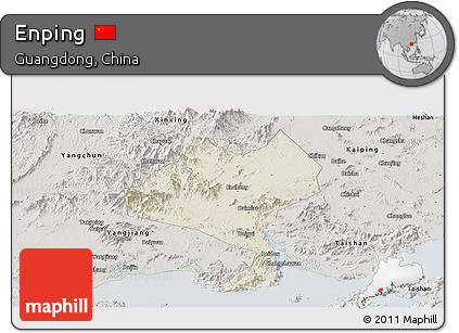 Shaded Relief Panoramic Map of Enping, semi-desaturated