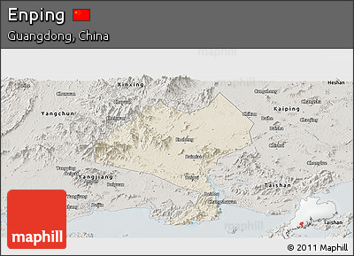 Shaded Relief Panoramic Map of Enping, semi-desaturated