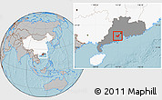Gray Location Map of Heshan, highlighted country, highlighted parent region, hill shading