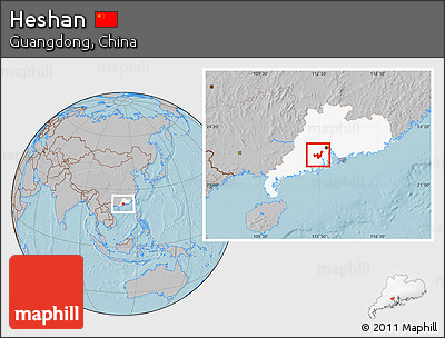 Gray Location Map of Heshan, highlighted parent region, hill shading