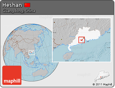 Gray Location Map of Heshan, highlighted parent region, hill shading