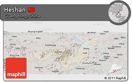 Shaded Relief Panoramic Map of Heshan, semi-desaturated