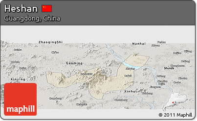 Shaded Relief Panoramic Map of Heshan, semi-desaturated