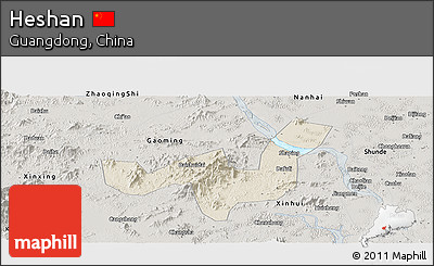 Shaded Relief Panoramic Map of Heshan, semi-desaturated
