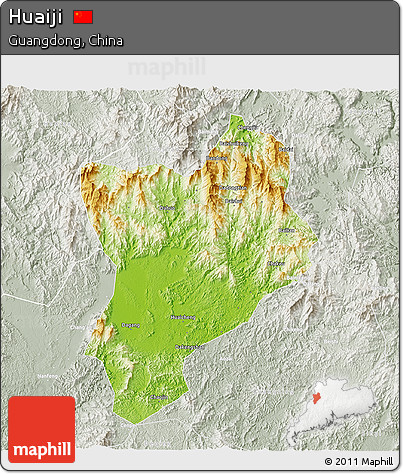 Physical 3D Map of Huaiji, lighten, semi-desaturated
