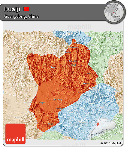 Political 3D Map of Huaiji, lighten
