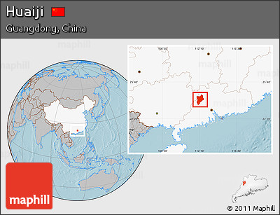 Gray Location Map of Huaiji, highlighted country, hill shading