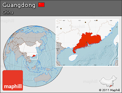 Gray Location Map of Guangdong, highlighted country, hill shading