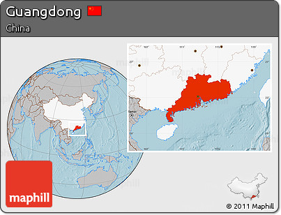 Gray Location Map of Guangdong, highlighted country, hill shading