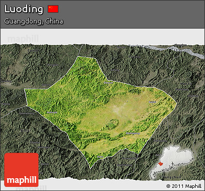 Satellite 3D Map of Luoding, darken, semi-desaturated