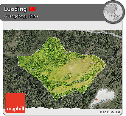 Satellite 3D Map of Luoding, darken, semi-desaturated