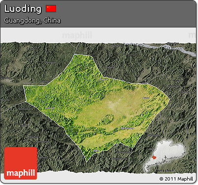 Satellite 3D Map of Luoding, darken, semi-desaturated