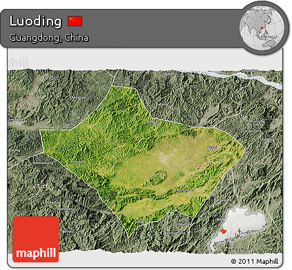 Satellite 3D Map of Luoding, semi-desaturated