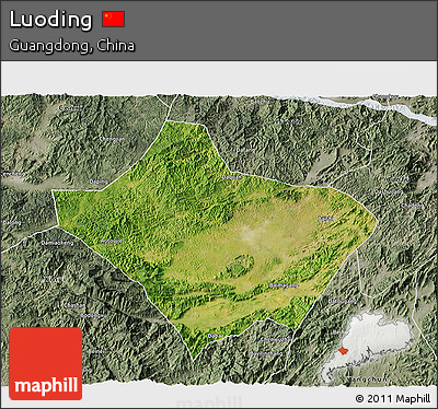 Satellite 3D Map of Luoding, semi-desaturated