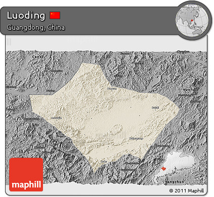 Shaded Relief 3D Map of Luoding, darken, desaturated