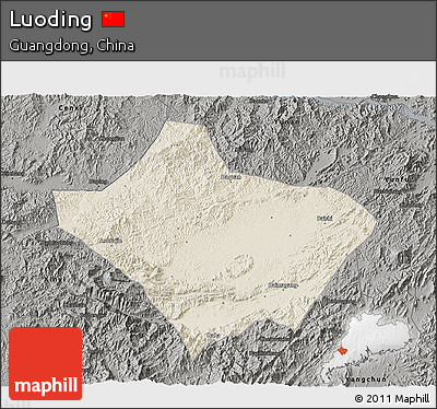 Shaded Relief 3D Map of Luoding, darken, semi-desaturated