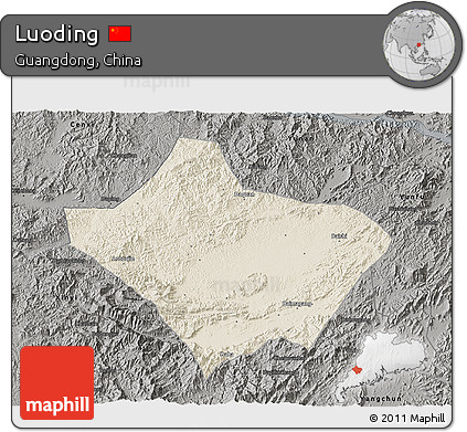 Shaded Relief 3D Map of Luoding, darken, semi-desaturated