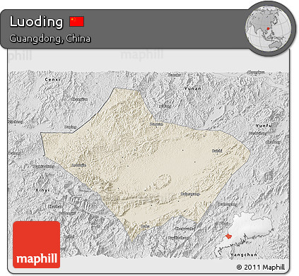 Shaded Relief 3D Map of Luoding, desaturated