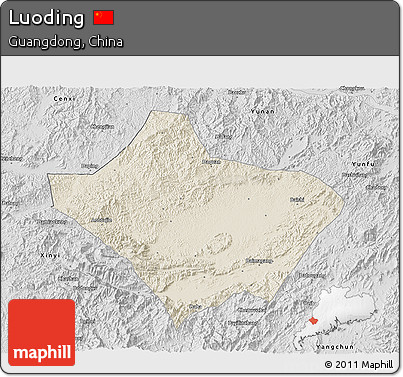Shaded Relief 3D Map of Luoding, desaturated