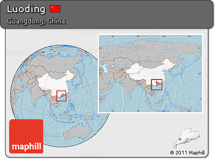 Gray Location Map of Luoding, highlighted country, highlighted parent region, within the entire country, hill shading